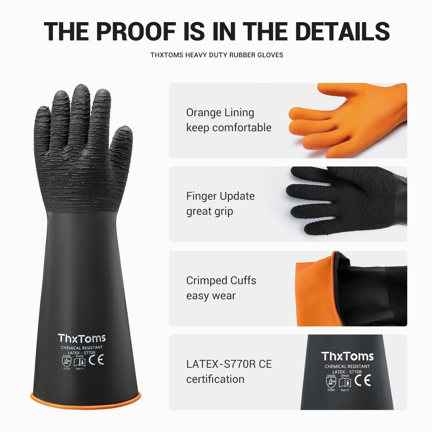 ThxToms Heavy Duty Rubber Gloves, Industrial Chemical Resistant Gloves Waterproof Reusable Protective Work Gloves for Cleaning, Dishwashing,Anti-Slip Design, Soft and Thick, Black, 14" 1 Pair