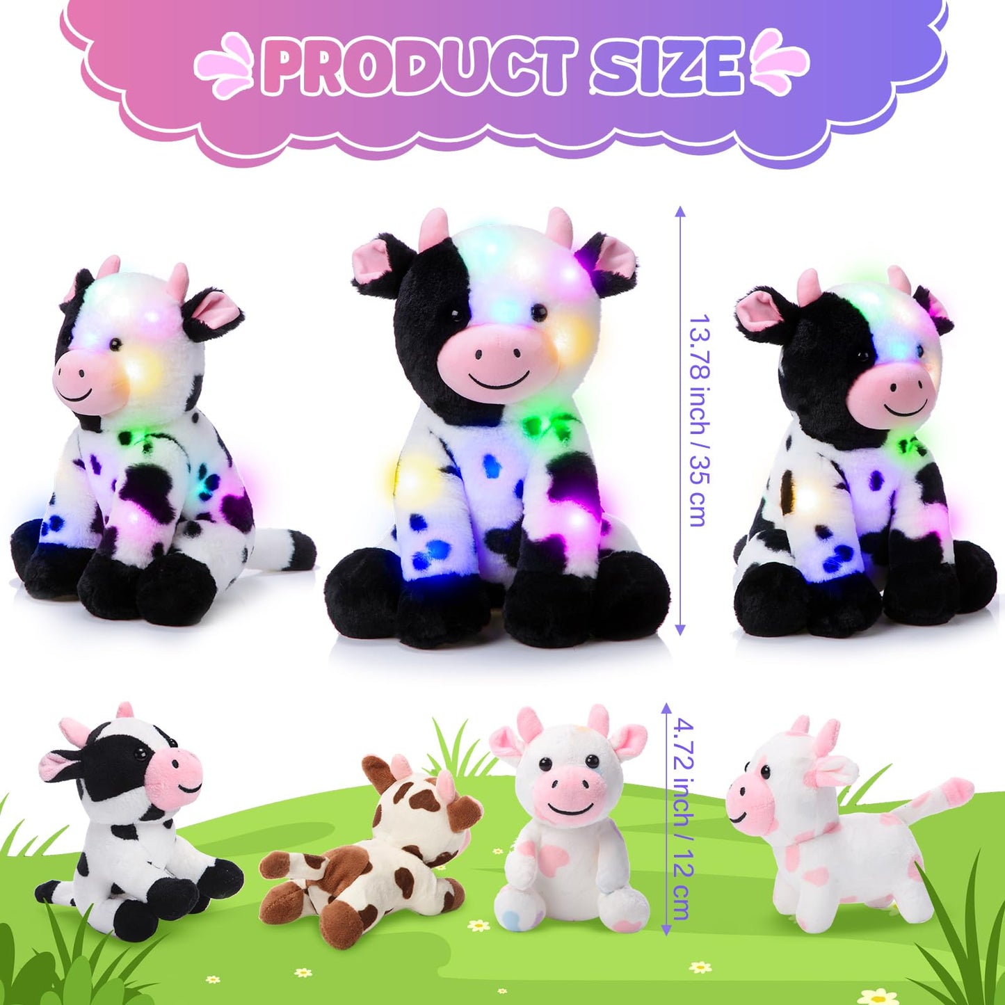 Sumind 5 Pcs Cow Stuffed Animal Set 13.78 Inch Mommy Cow Plush Toy with 4 Baby Cute Calf in Her Tummy Large Stuffed Animals with Babies Inside for Christmas Toddlers Girls(LED)