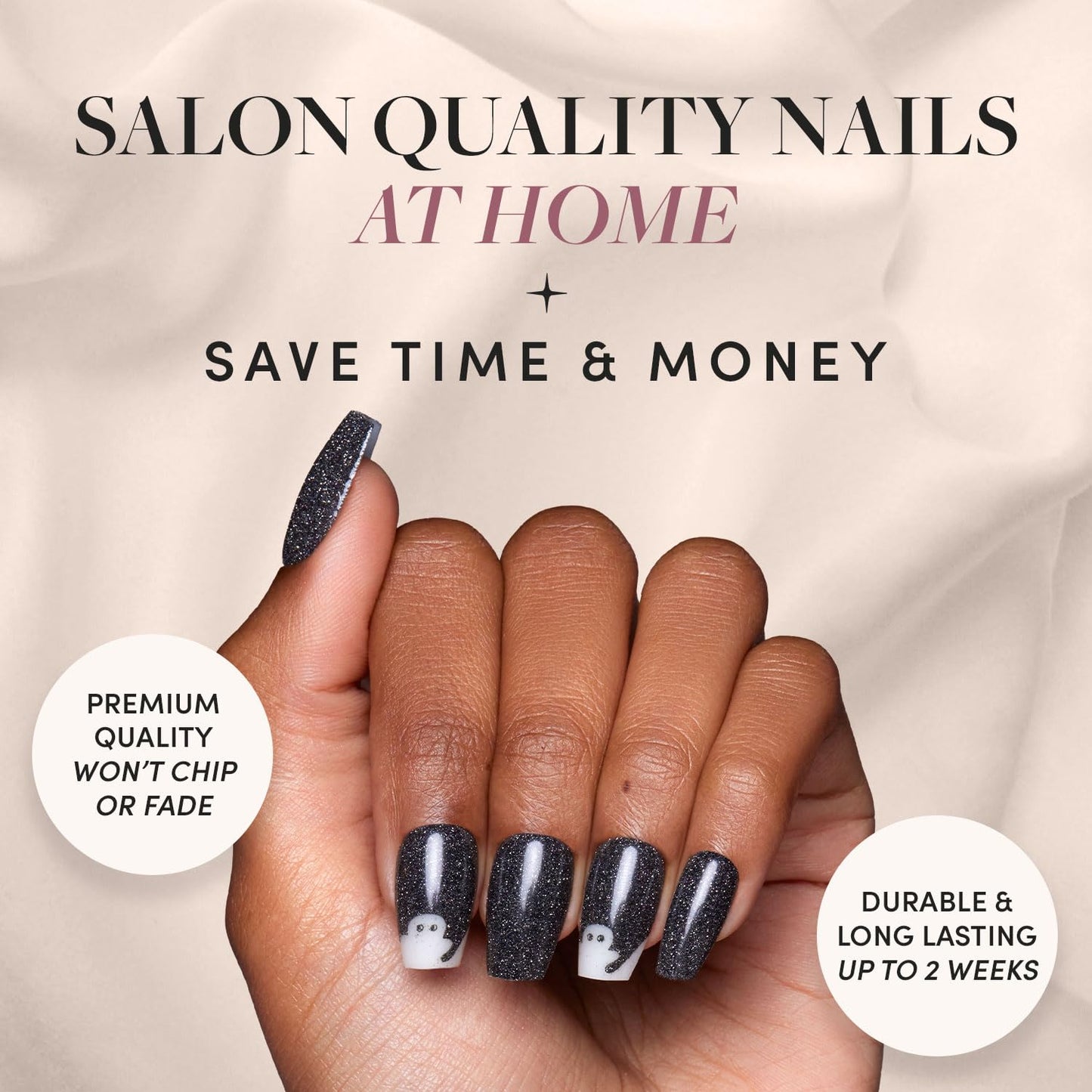 Glamnetic Press On Nails - Phantom Glow | Opaque Black Glitter & Glow-in-the-Dark Ghost Medium Coffin Fake Halloween Nails, Salon Quality | 15 Sizes - 30 Nail Kit