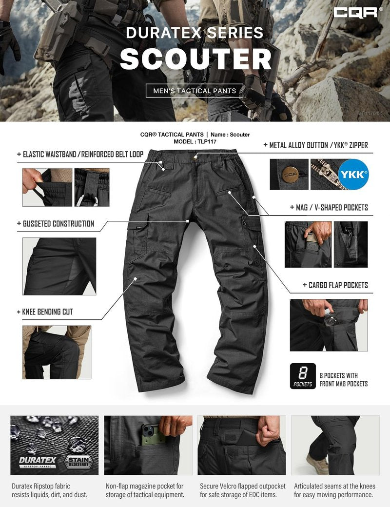 CQR Men's Tactical Pants, Water Resistant Ripstop Cargo Pants, Lightweight EDC Work Hiking Pants, Outdoor Apparel, Raider Black, 42W x 30L