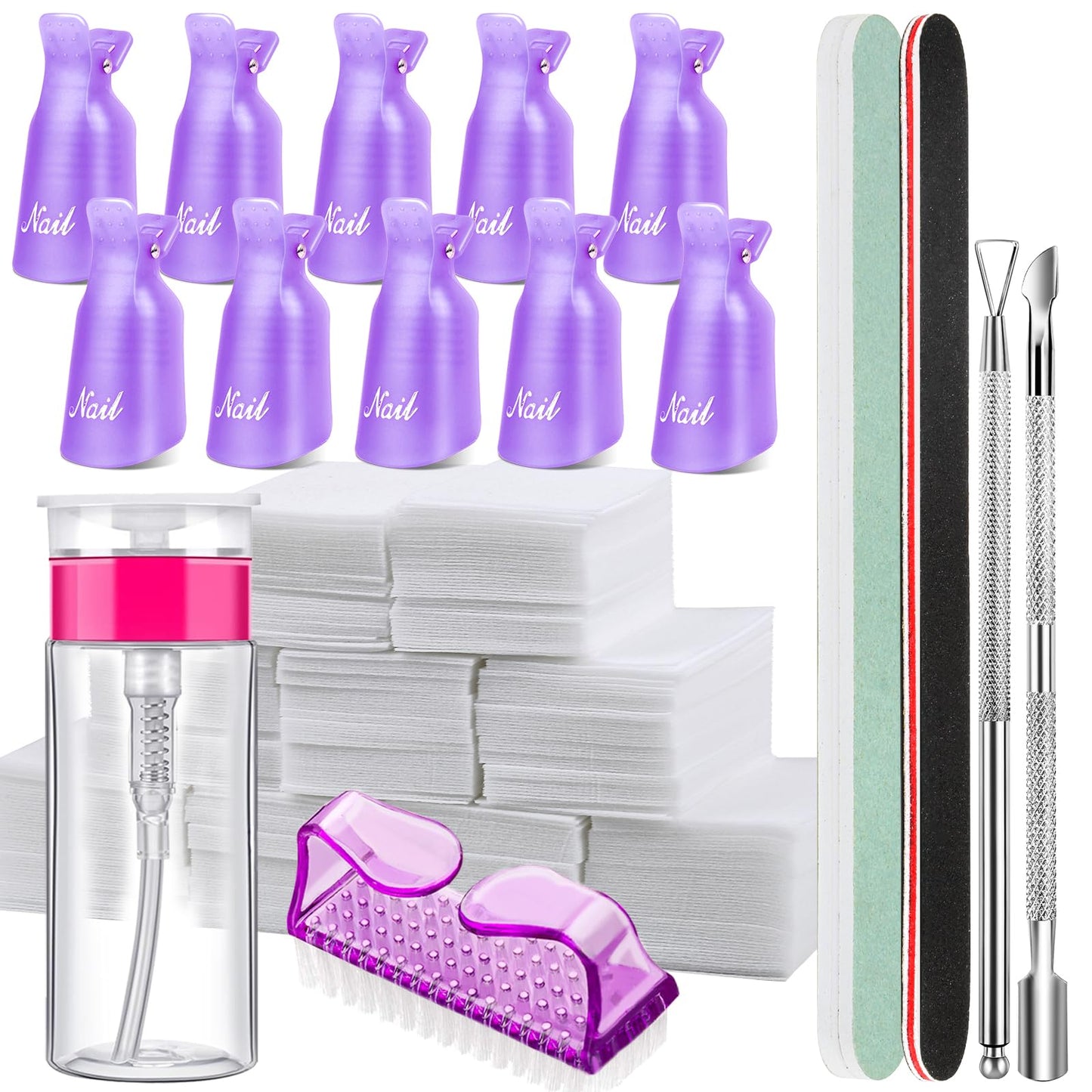 FANDAMEI Nail Polish Gel Remover Tools Kit with Nail Clips, 100ml Nail Polish Remover Bottle, 500 Nail Remover Cotton Pad, Nail Brush, Cuticle Pusher/Peeler, 100/180 Nail File,Buffer Block