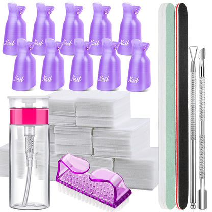 FANDAMEI Nail Polish Gel Remover Tools Kit with Nail Clips, 100ml Nail Polish Remover Bottle, 500 Nail Remover Cotton Pad, Nail Brush, Cuticle Pusher/Peeler, 100/180 Nail File,Buffer Block
