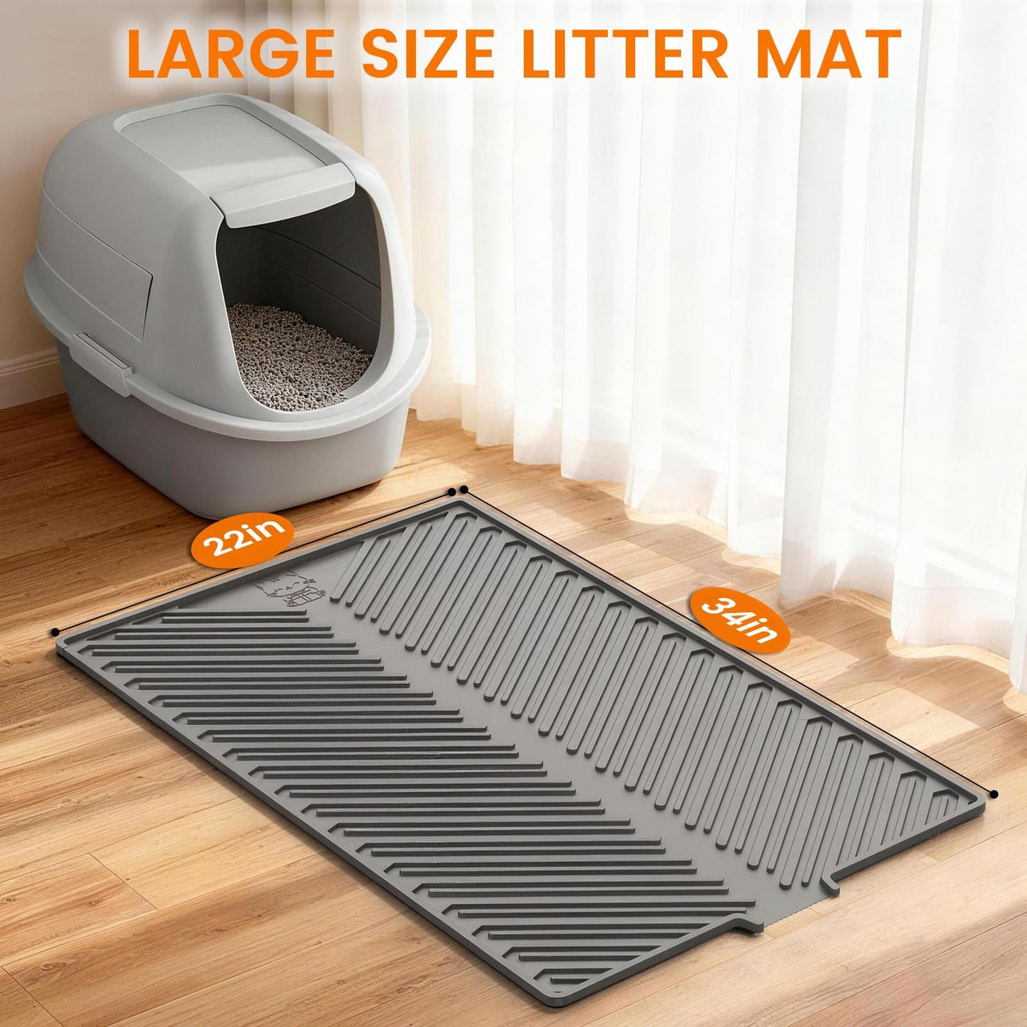 Barkitty Cat Litter Mat, Large 34" x 22" Litter Trapping Mat, Silicone Litter Mat for Litter Box, Waterproof Foldable & Easy Clean, Scatter Control, Soft on Paws, Gray