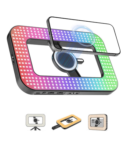 Double-Sided Magnetic Phone Ring Flash with Mini Tripod Stand,448 LED 6000mAh Rechargeable RGB Selfie Light for iPhone,Handheld Stabilizer with Light for Magsafe/Phones/Video Recording/Makeup/Photos