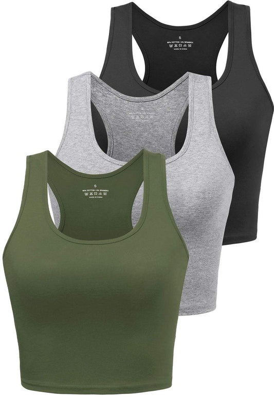 Women's 3-Pack Sports Crop Tank Tops - Athletic Yoga Racerback Cotton Workout Shirts, XL (Black/Grey/Olive)
