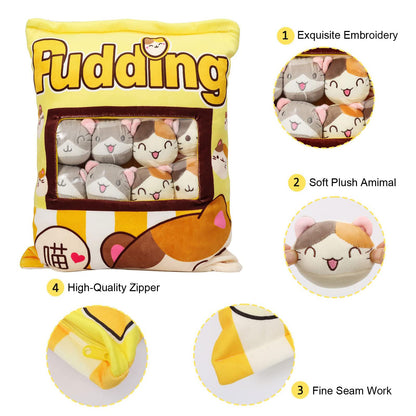 HXPLN Cute Snack Pillow Cat Plush Pillow, Pudding Cat Pillow with Kitty Dolls, Removable Stuffed Animal Toys Creative Gift for Teenagers, Girls, Children (8 Yellow Kittens)