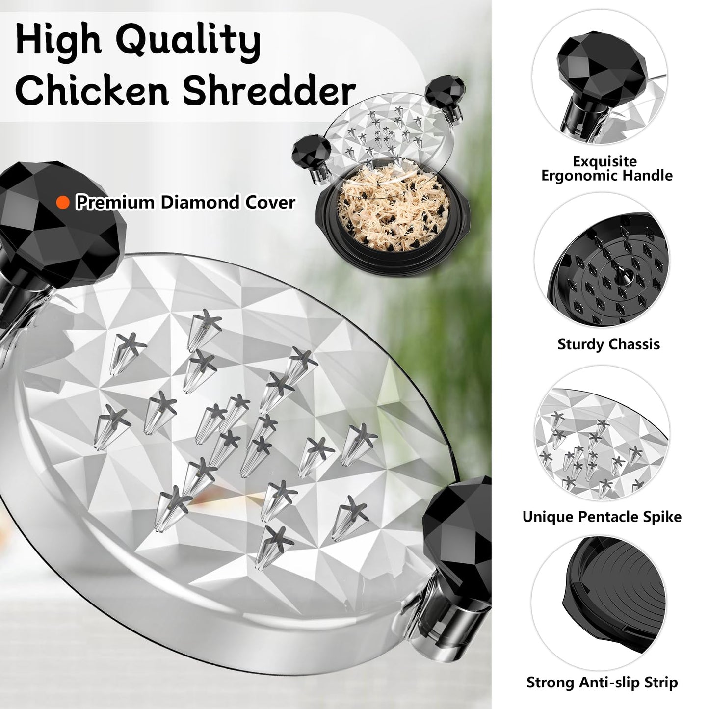 Chicken Shredder with Brush Chicken Shredder Tool Twist Stable Anti-Slip BPA Free Meat Shredder Tool Twist Ergonomic Handle Meat Grinder Dishwasher-safe Transparent Lid Black