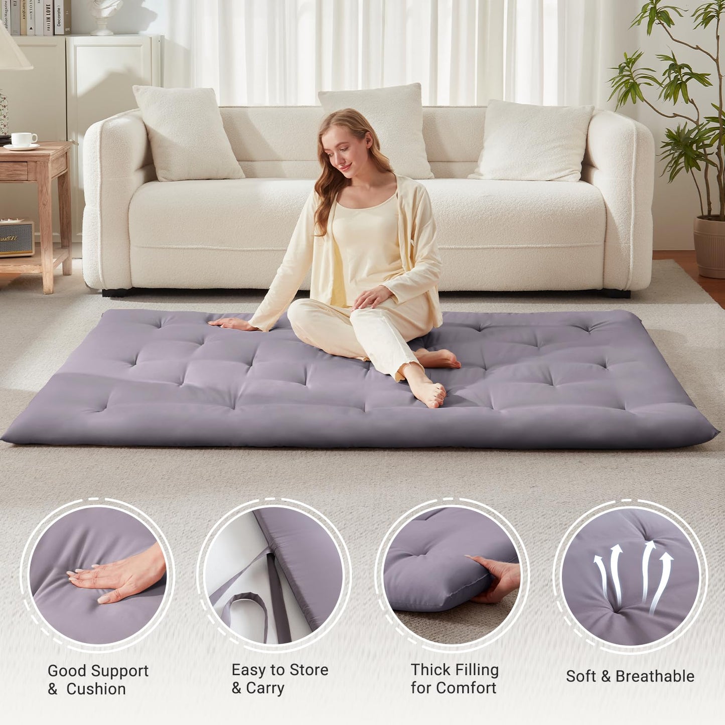 Mollydot Japanese Floor Mattress, Futon Mattress Twin Size 39"x 75", 2.5" Thicken Tatami Mattress, Portable Foldable Floor Bed, Roll Up Futon Cushion, Suitable for Camping Guest Room Dormitory (Grey)