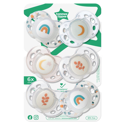 Tommee Tippee Nighttime Soothers, 18-36m, 6 Pack, Glow in The Dark, Varied Colours and Designs, Symmetrical Orthodontic Dummy, BPA-Free Silicone Teat