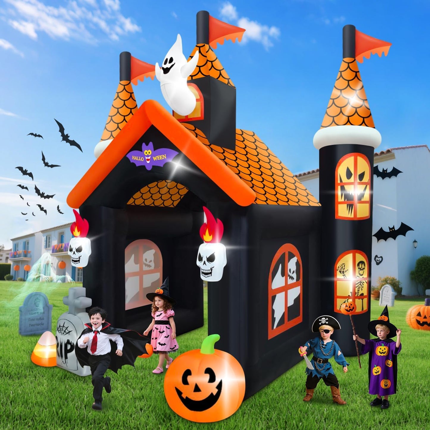12FT Halloween Inflatable Archway with LED Light, Kalolary Large Haunted House Inflatable Ghost Pumpkin Blow up Tunnel Halloween Outdoor Yard Decoration for Halloween Party Home Lawn Family