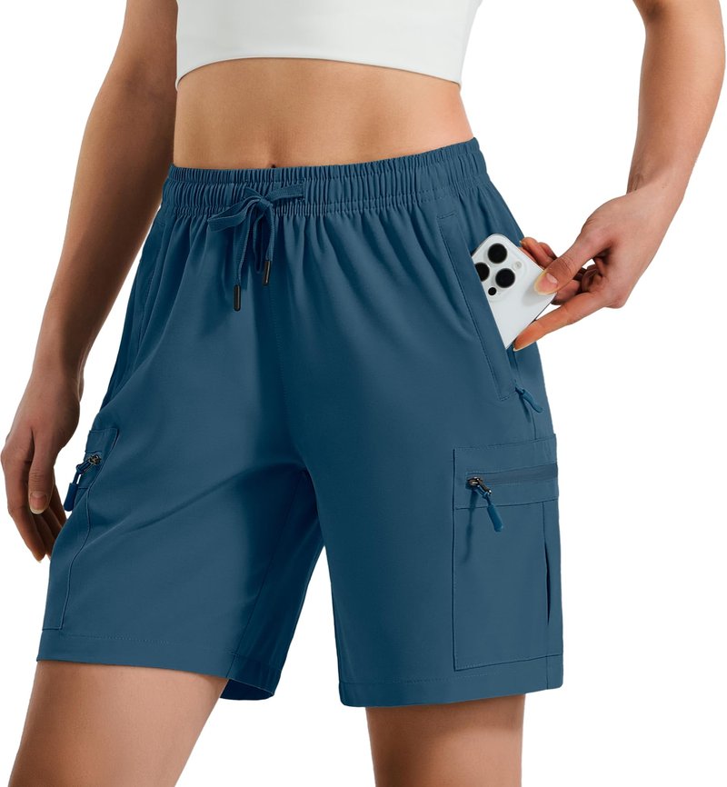 Hugut Women's Lightweight Hiking Cargo Shorts Quick Dry Athletic Shorts Camping Travel Golf Zipper Pockets Water Resistant Dusty Blue
