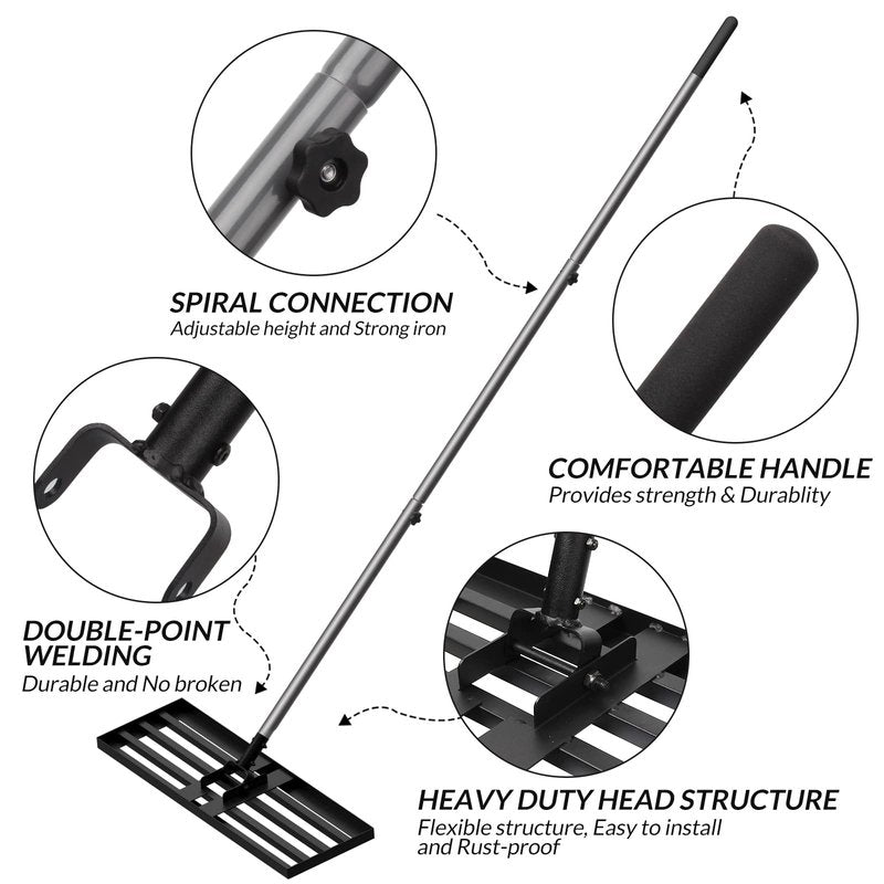 Walensee Large Lawn Leveling Rake, 45"x10" Heavy Duty Lawn Leveler Tool with 7FT Steel Handle, Levelawn Landscape Rake for Topdressing, Soil, Sand, Dirt, Large Yard, Garden, Golf Course