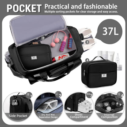 FIORETTO Womens Mens Sports Gym Bag Duffle Bag with Shoes Compartment, Weekend Travel Bag Overnight Bag for Women, Foldable Water Resistant Holdall Hospital for Swimming with Toiletry Bag Black