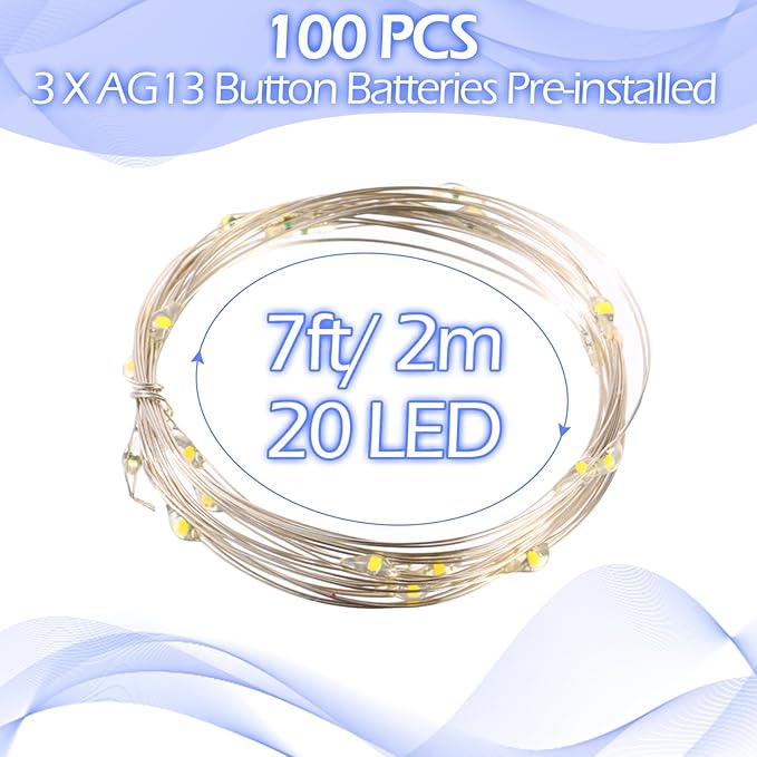 Hortsun 100 Packs Fairy Lights Battery Operated 3 Speed Modes, 7 Ft/ 2 M 20 LED Battery String Mini Waterproof Wire Twinkle Lights Bulk for Wedding Party Birthday Vases (Cool White)