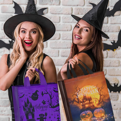 AhfuLife 6 Pcs Halloween Trick or Treat Bags, Large Candy Tote Bags with Handles, Reusable Non-Woven Gift Bag for Halloween Party Supplies Favors (15×11.8×3.9’’)
