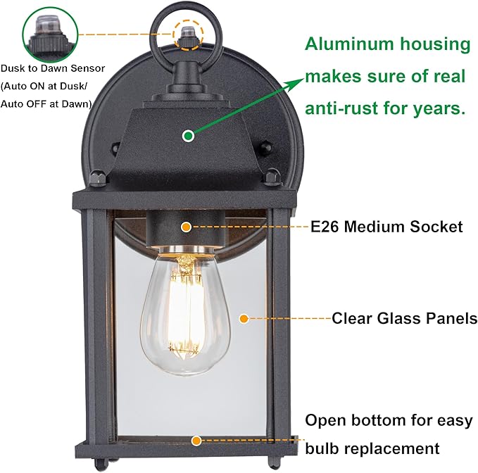 LIT-PaTH Dusk to Dawn Outdoor Wall Lantern, Wall Sconce Waterproof Porch Lighting Fixture, E26 Base, Aluminum Housing with Glass Shade, 1-Pack, Black