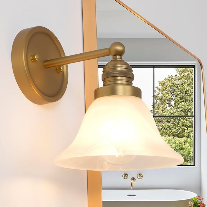 Gold Wall Sconces, Vintage Bathroom Vanity Lights with Frosted Milk Glass Brass Sconces Wall Lighting Indoor Wall Lamps for Living Room Bedroom Kitchen Sink Hallway Stairway E26