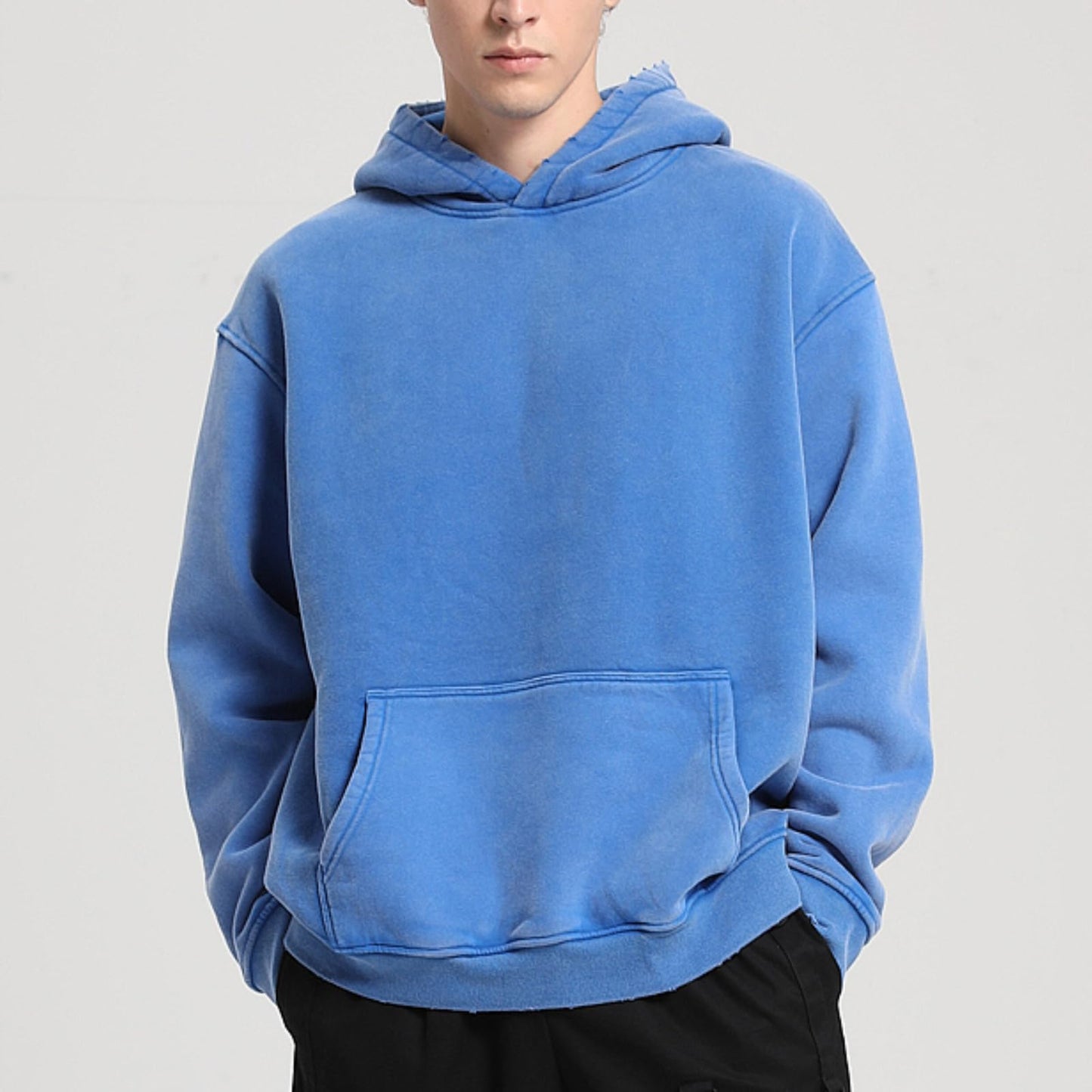 FAIABLE Mens Hoodies Oversized Unisex Acid Wash Hoodie Heavyweight Fleece Vintage Washed Distress Cotton Sweatshirt Men Women Couples Streetwear College Casual Fall Winter Autumn 2025 Bright Blue