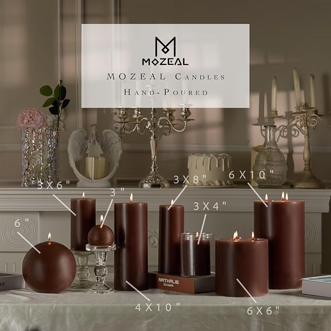MOZEAL 3" x 6" Hand-Poured Unscented Candle,Dripless Pillar Candle Set of 3,Long Lasting Burning,Approx 120 Hours Burn Time,Rustic Country Style,for Wedding,Dinner,Christmas and Home Decor,Brown