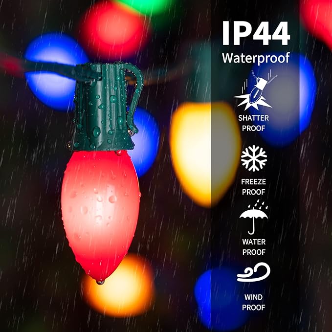 Minetom Multicolor C7 LED Christmas Lights Outdoor, 50FT Colorful String Lights with 50+2 Plastic Bulbs, Traditional Hanging Holiday Lights for Commercial Tree Patio Fence Roofline Xmas Decorations