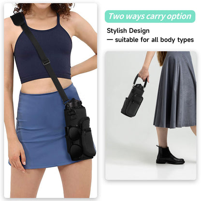 AceTreker 32 oz 40 oz Water Bottle Carrier, Neoprene Water Bottle Holder with Strap & Paracord Handle, Sport Bottle Sleeve Sling Bag with 4 Pocket for Travelling, Walking, Camping-Black