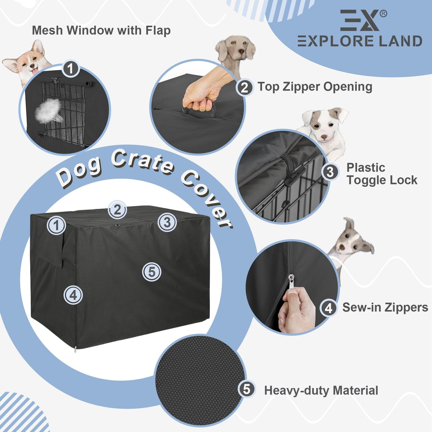 Explore Land Dog Crate Cover Durable - Polyester Pet Kennel Cover Universal Fit for 24-48 inches Wire Dog Crate (36 Inch (Pack of 1), Black Cover)
