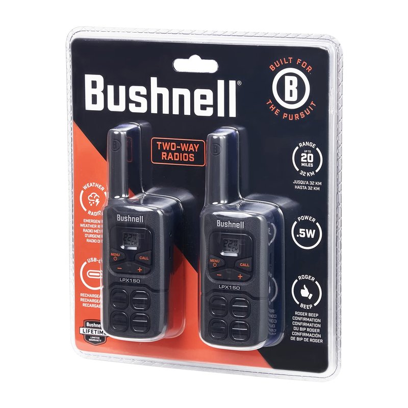 Bushnell LPX150 Walkie Talkie Radio - Reliable Quality, Rugged Design, 0.5W Power for 20 Miles of Range, Two Way Radios Equipped for Wherever Life Takes You (2 Pack)