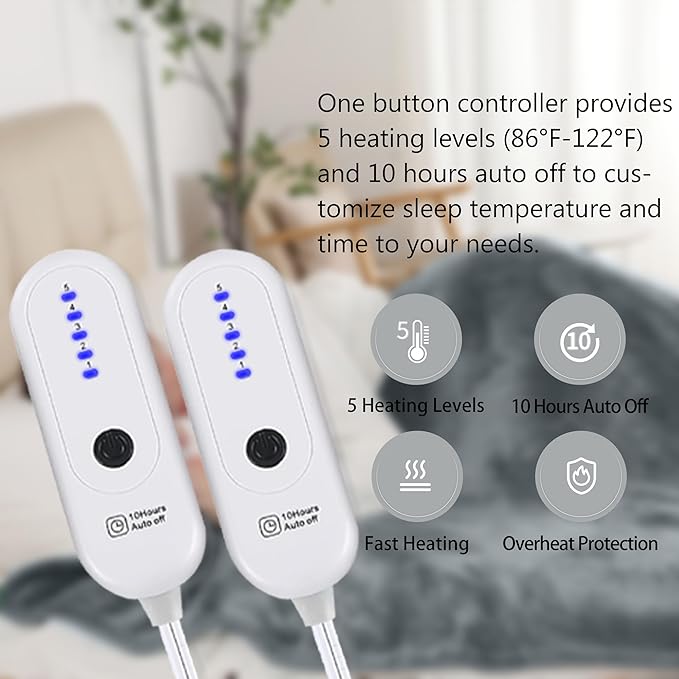 Electric Heating Blanket Queen Size, Cozy Flannel Sherpa Heated Electric Blanket with 5 Heating Levels & 10 Hours Auto Off, Overheat Protection, Machine Washable Heated Blanket, 84" x 90", Navy Blue