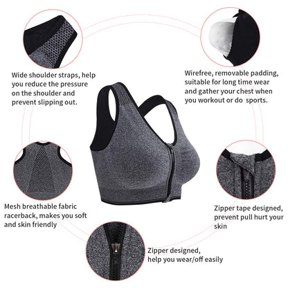 Fapreit Women's Zip Front Closure Sports Bra - Seamless Wirefree Post Surgery Padded Racerback Workout Gym Yoga Bras 2 Pack (Black, Grey)