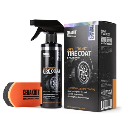 CERAKOTE Rapid Ceramic Tire Coat – Showroom New Tire Shine – Deep Tire Black Finish – Lasts Up to 10x Longer – No Sling, Non-Greasy Ceramic Tire Coating for Car, Truck & SUV – Easy Application (10oz)