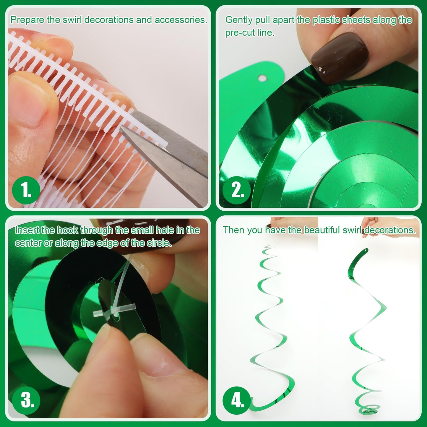 30 PCS Party Swirl Decorations Green Shinny Foil Hanging Swirl Decorations with Double-Swirls and Single-Swirls Plastic Streamer for Ceiling Plastic Metallic Streamer for Party Decorations