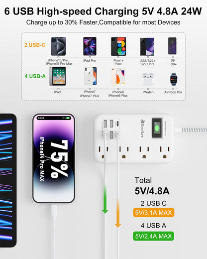 6 USB(2 USB C) Purple Travel Power Strip- 5Ft Lavender Extension Cord with 24W USB Charging Station and 4 Outlets, Purple Desk Accessories with Surge Protector for Cute Kawaii Office Dorm Room