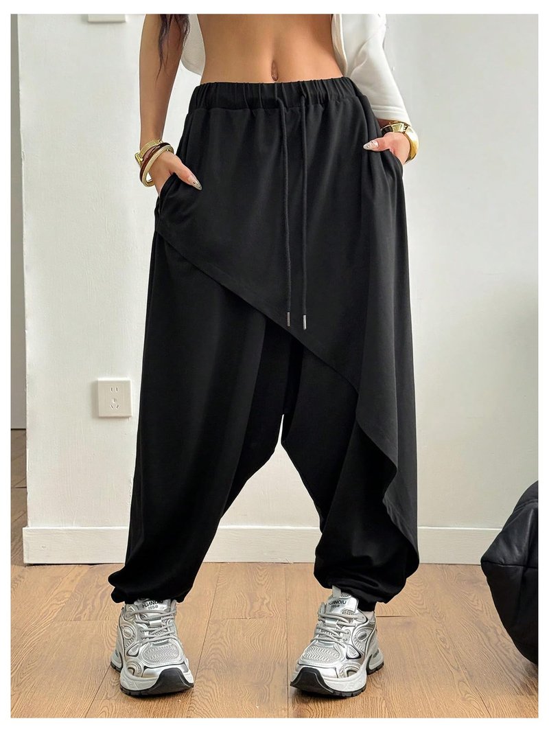 RoseSeek Women's Hippie Baggy Harem Pants Drawstring Waist Drop Crotch Trousers Asymmetrical Wrap Streetwear Black X-Large