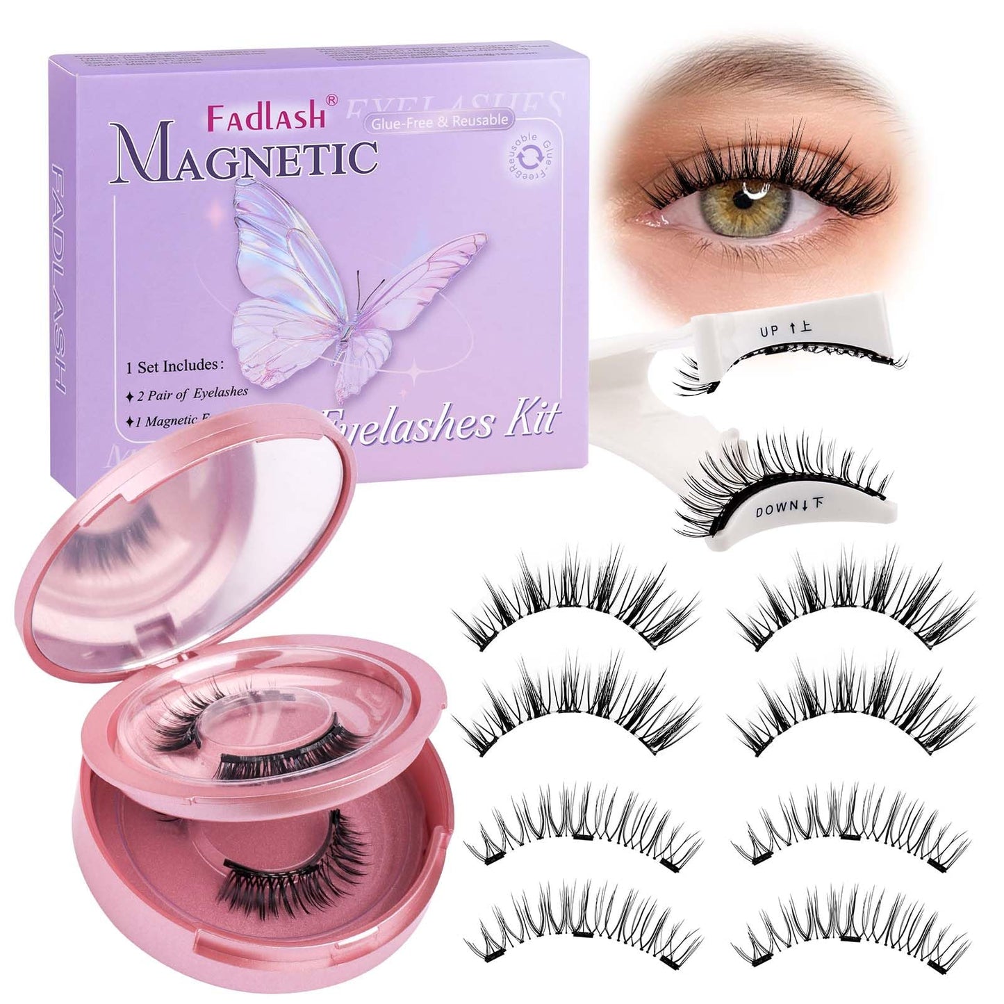 FADLASH Magnetic Eyelashes Natural Look 2 Pairs Fluffy False Eyelashes Reusable Magnetic Lashes Kit with Applicator No Glue Needed Easy to Wear and Remove (806+B7)