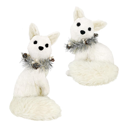 naturevibe 11.6 Inches Sisal Arctic Fox Figurine with Silver Garland Set of 2, Realistic Woodland Christmas Decor Animals as Winter Wonderland Decorations,Christmas Centerpiece or Fireplace Decor