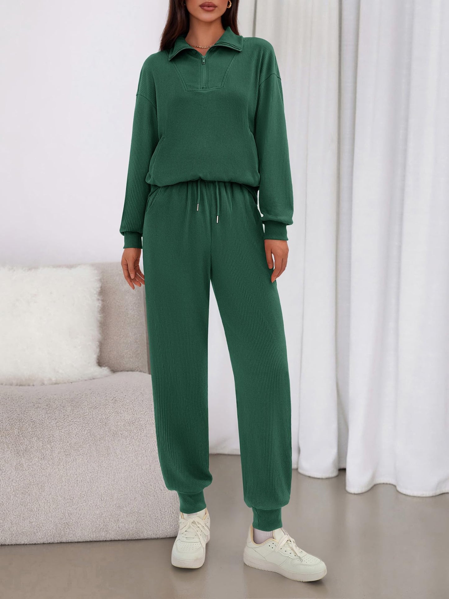 BTFBM Women's 2 Piece Tracksuit Fall Outfits 2025 Long Sleeve Half Zip Sweatshirt Sweatpants Lounge Set Sweatsuits(Solid Dark Green,Medium)