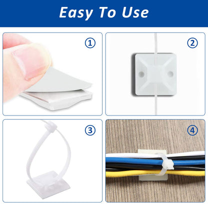 Strong Back-Glue Self Adhesive Cable Zip Tie Mounts Kit - 100 Set Cable Management Clips with 6" Zip Ties, Wire Holders - Outdoor Sticky Wire Organizer Clips - White