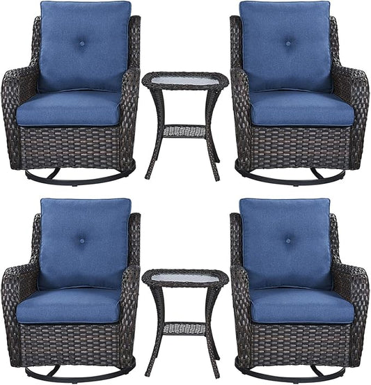 Rilyson Wicker Rocking Chair Swivel Chairs – 6 Piece Rocker Patio Furniture Set Rattan Rocking Bistro Sets with Glass Top Side Table for Outdoor Porch Deck Garden Backyard(Brown/Blue)