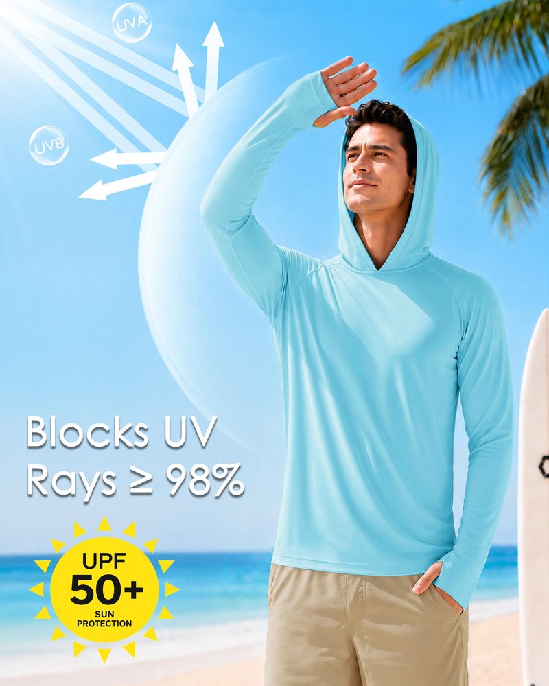 Boladeci Fishing Shirts for Men Sun Hoodie UPF 50+ Long Sleeve UV Protection Swim Shirt Summer Lightweight Hoodies Shirts SPF Rash Guard Lake Blue S