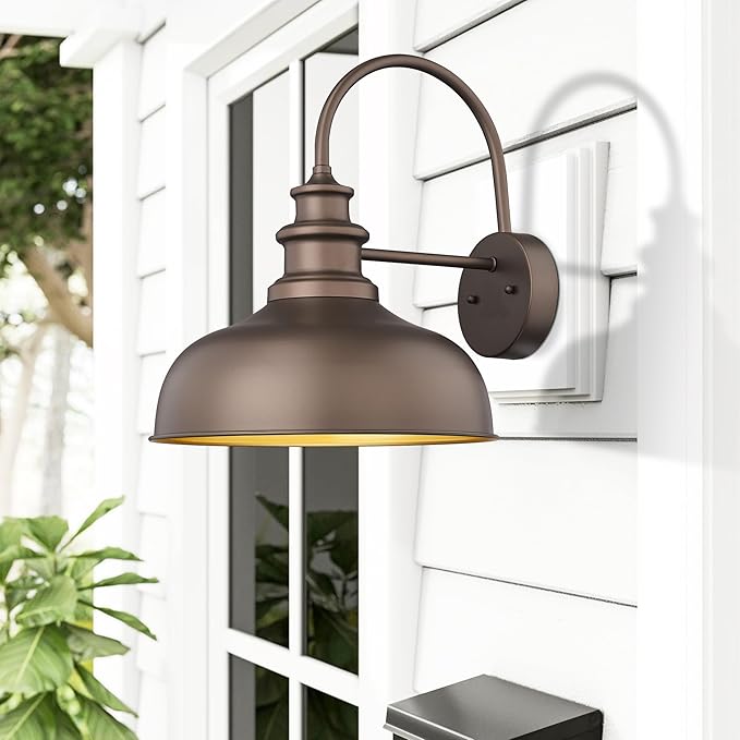 Bestshared Gooseneck Barn Light 14 Inch Dome Farmhouse Wall Mount Light Fixture, Exterior Lighting Fixture,Wall Porch Light for Front Door, Entryway, Patio (ORB+Gold, 14” Dome-1Pack)