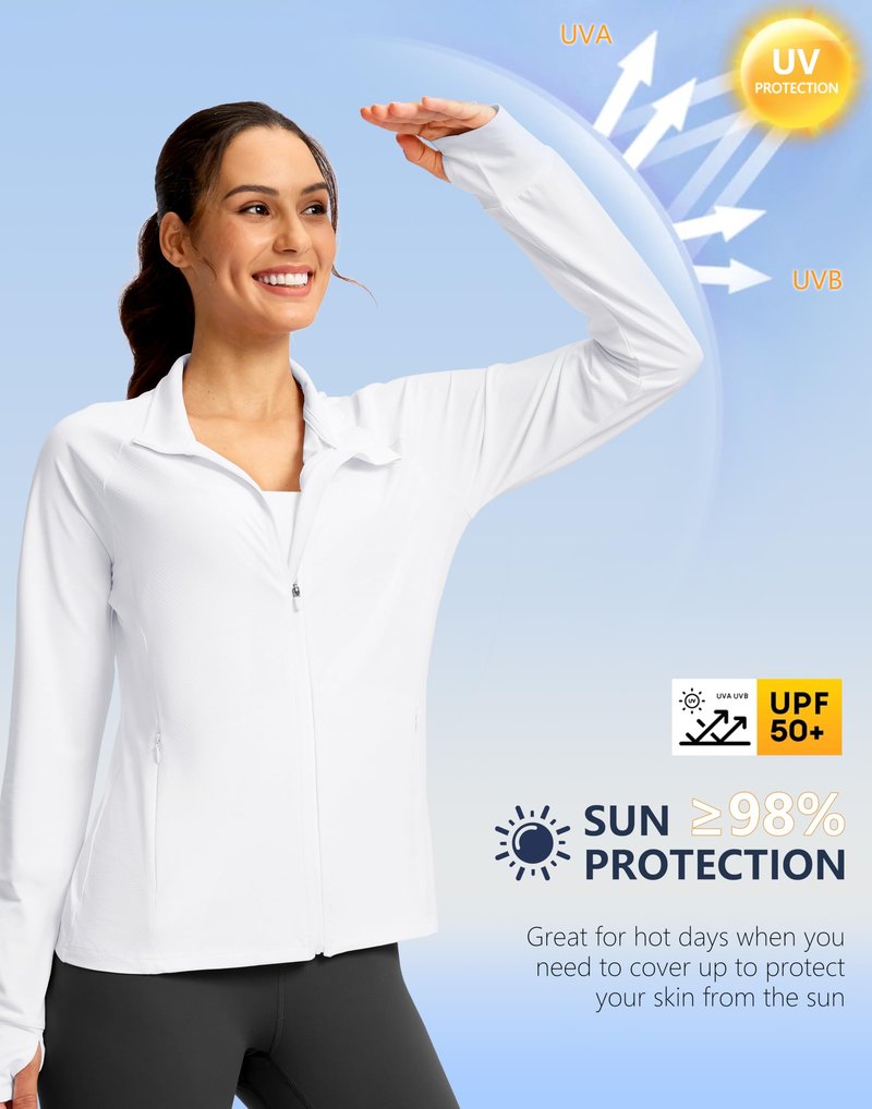 G Gradual Women's UPF 50+ Lightweight Athletic Jacket Sun Protection Zip Up 4 Pockets Long Sleeve Shirts Workout Running, White, L