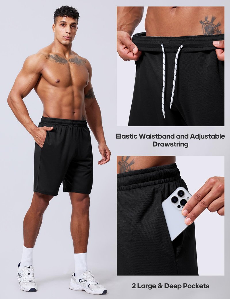 Vlynor Men's Athletic Shorts 9 Inch Inseam - Quick Dry Mesh Basketball Shorts Men, Lightweight Mens Gym Running Shorts with Pockets (Black, 3X-Large)