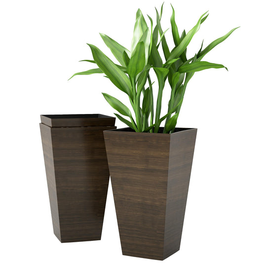Outsunny Tall Planter for Outdoor Plants Set of 3, 28 Inch Taper Planter with Drainage Holes, Wood Grain Decor Garden Pot for Indoor Outdoor Porch Patio Backyard, Brown