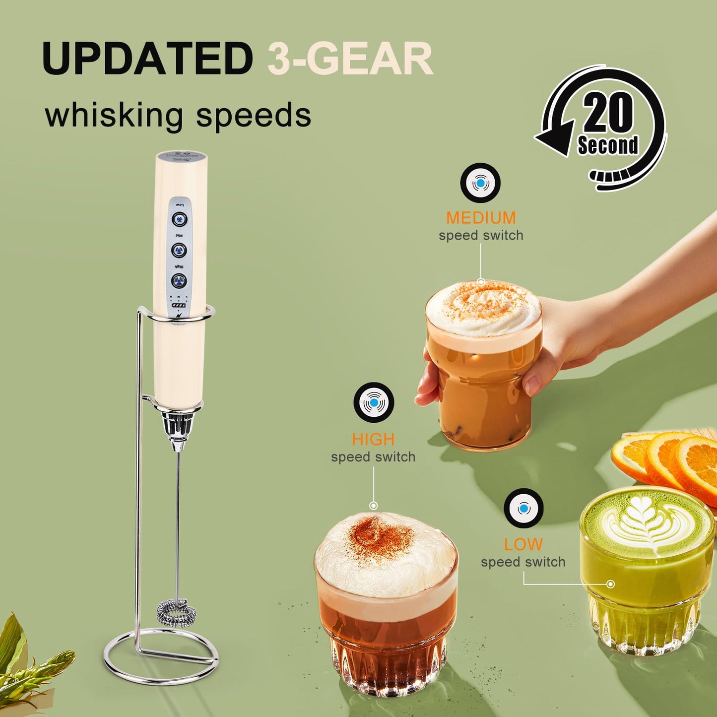 YUSWKO Black Handheld Milk Frother Wand for Coffee, Rechargeable Electric Whisk with 3 Heads 3 Speeds Drink Mixer Coffee Frother For Latte, Cappuccino, Hot Chocolate, Egg