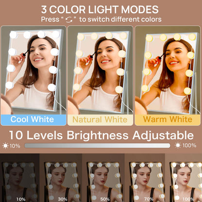Akynite Hollywood Mirror Lights Stick on 10 Bulbs, USB Cable Adjustable, 3 Colour Changing and 10 Brightness, LED Vanity Mirror Lamp Dimmable, Makeup Lights for Dressing Table (No Adapter)