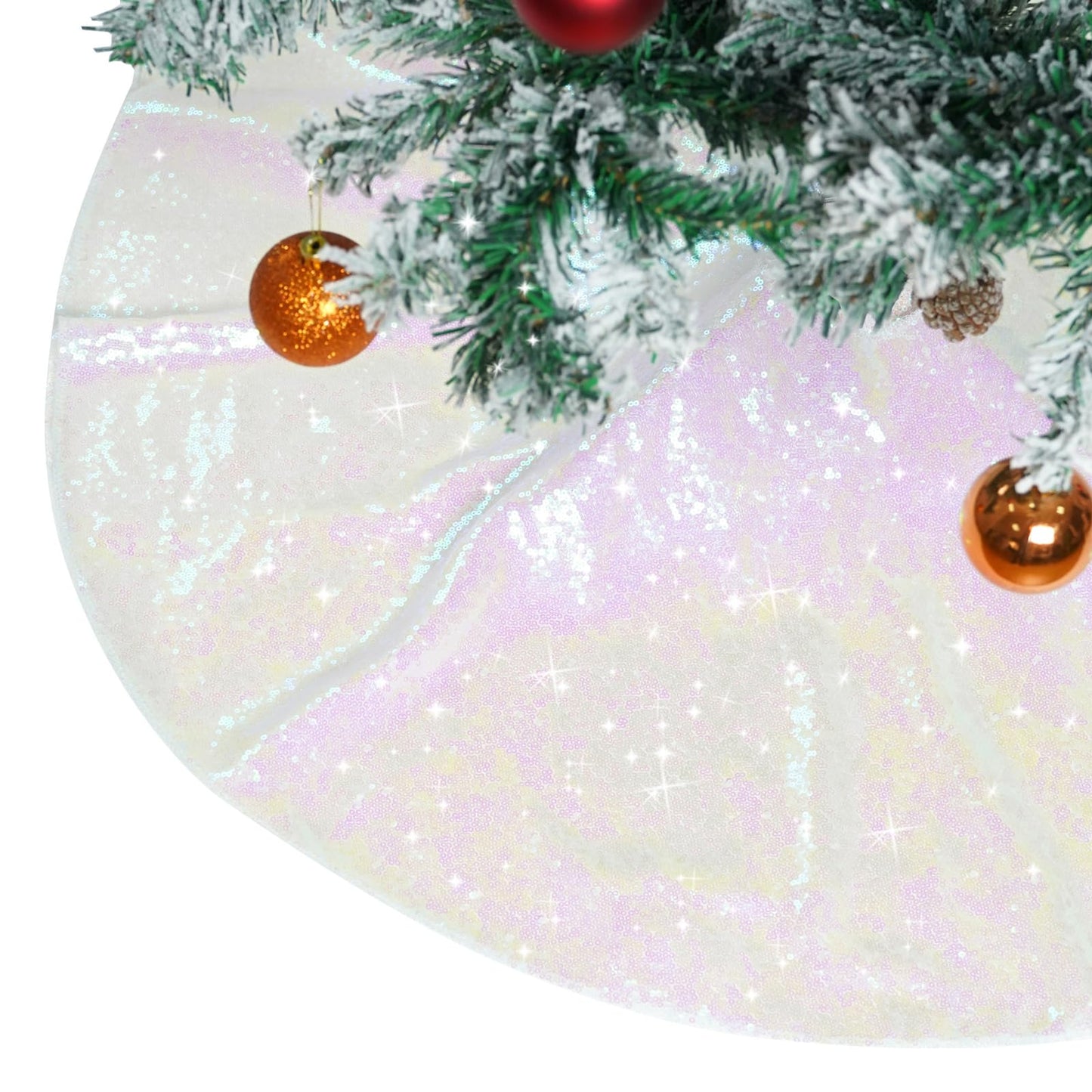 Christmas Tree Skirt 36" Round Sparkly Iridescent Sequin White Ornaments Xmas New Years Party Decorations