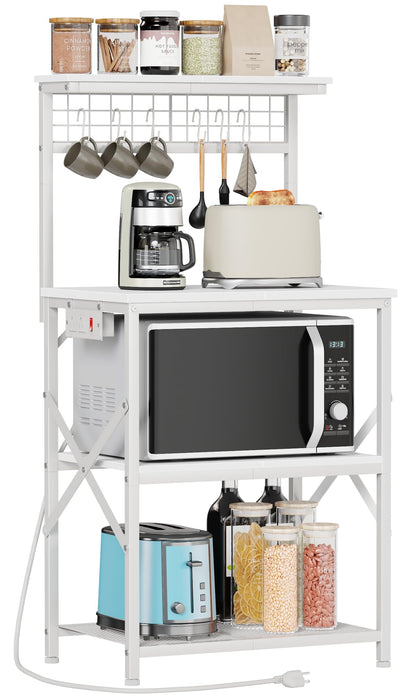Furologee Kitchen Bakers Rack with Power Outlet, Microwave Oven Stand with Storage 4 Tiers, Coffee Bar Table with 6 S Hooks, Kitchen Storage Shelf Rack for Spices, Pots, Rustic Brown