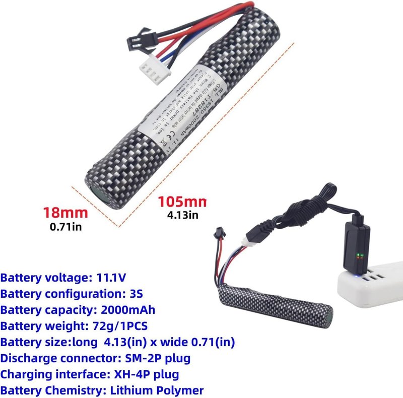 1PCS 3S 11.1V 2000mAh Li ion Battery with SM-2P Plug Connector and USB Charging Cable, Suitable for Airsoft Gel Water Droplet Blaster Air Gun Gel Ball Shock Wave Replacement Battery