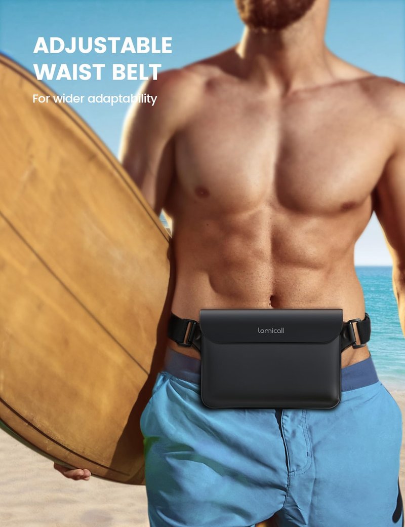 Lamicall Waterproof Fanny Pack Pouch - Large 8.7” Capacity fits iPad Mini & iPhone 17 16 15 Pro Max with Case - IPX8 Submersible Dry Bag for Cruise Essentials, Snorkeling, Kayaking, Black 2-Pack