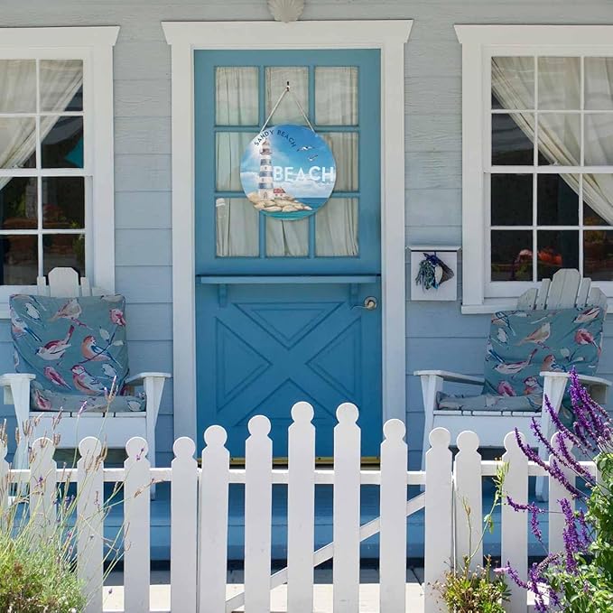 Welcome Sign Wooden Wreath Watercolor Sea Lighthouse for Front Door Wall Window Festival Farmhouse Porch Patio Garden Decor,12in